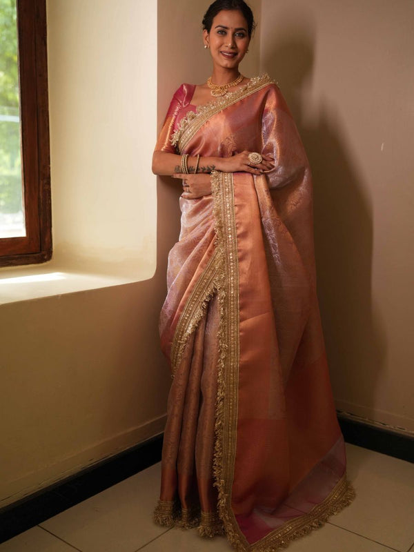 Banarasee Handwoven Tissue Zari Jaal Design Saree With Broder & Lace-Pink