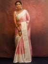 Banarasee Handwoven Tissue Saree With Stripes Zari Design & Broad Broder-Pink & White