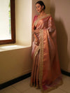 Banarasee Handwoven Tissue Zari Jaal Design Saree With Broder & Lace-Pink