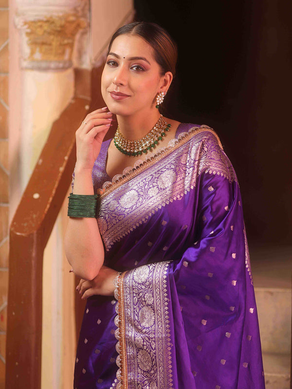 Banarasee Handloom Mashru Silk Saree Zari Border With Lace-Violet