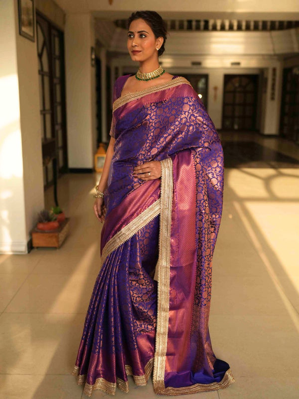 Banarasee Handwoven Tissue Saree With Zari Jaal Design & Border Lace-Blue