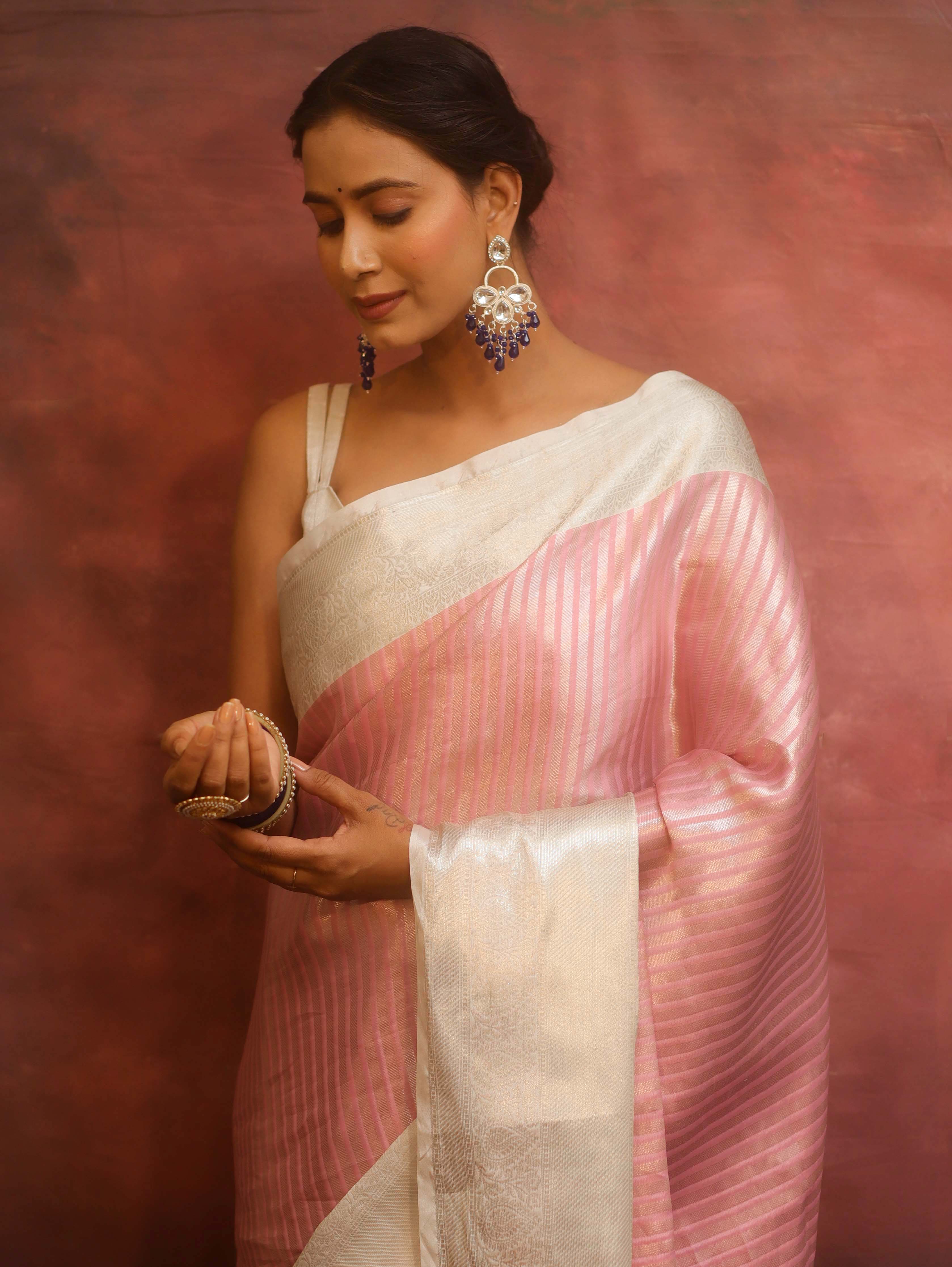 Banarasee Handwoven Tissue Saree With Stripes Zari Design & Broad Broder-Pink & White