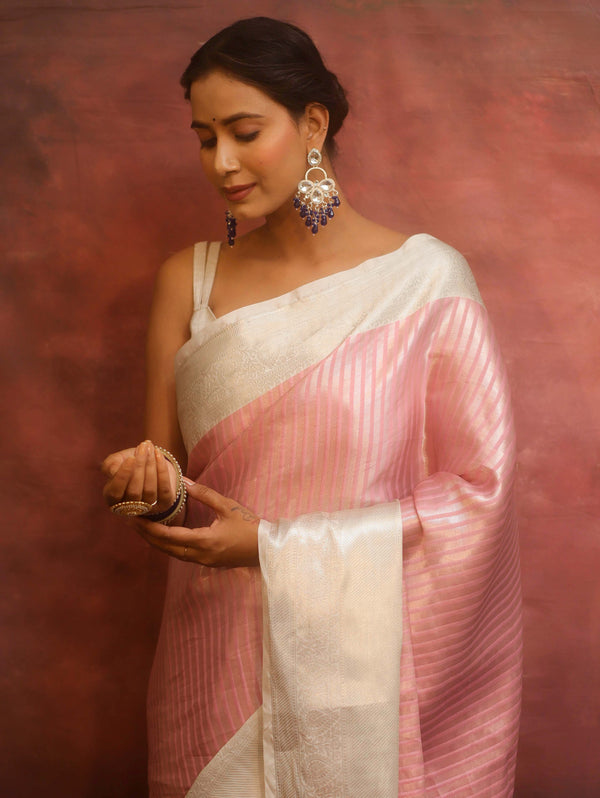Banarasee Handwoven Tissue Saree With Stripes Zari Design & Broad Broder-Pink & White