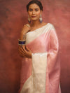 Banarasee Handwoven Tissue Saree With Stripes Zari Design & Broad Broder-Pink & White