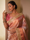 Banarasee Handwoven Tissue Zari Jaal Design Saree With Broder & Lace-Pink