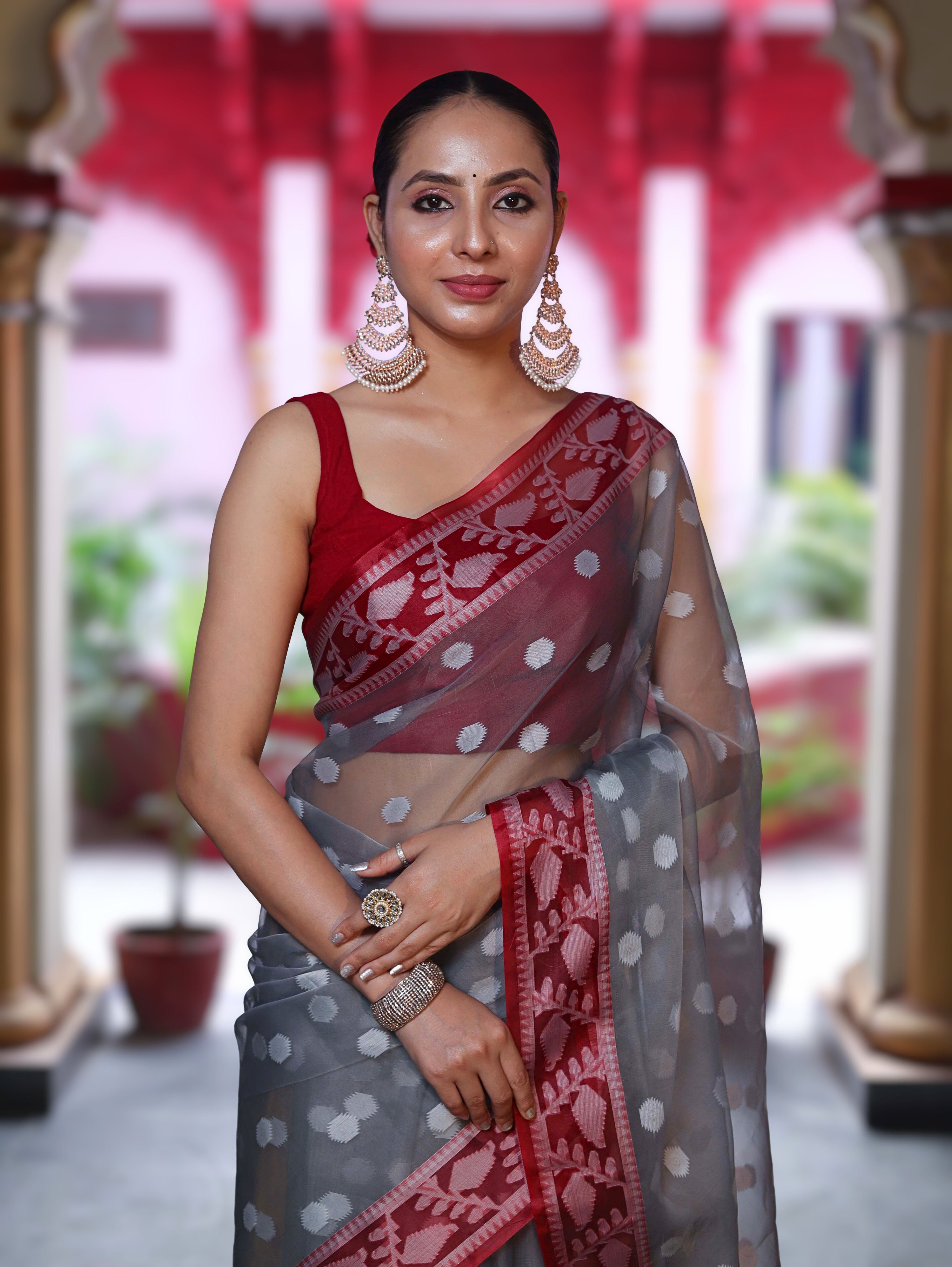 Banarasee Organza Mix Saree With Resham Work & Contrast Border-Grey & Maroon