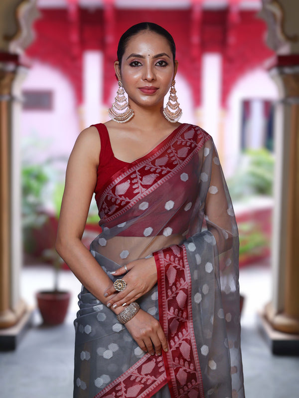 Banarasee Organza Mix Saree With Resham Work & Contrast Border-Grey & Maroon