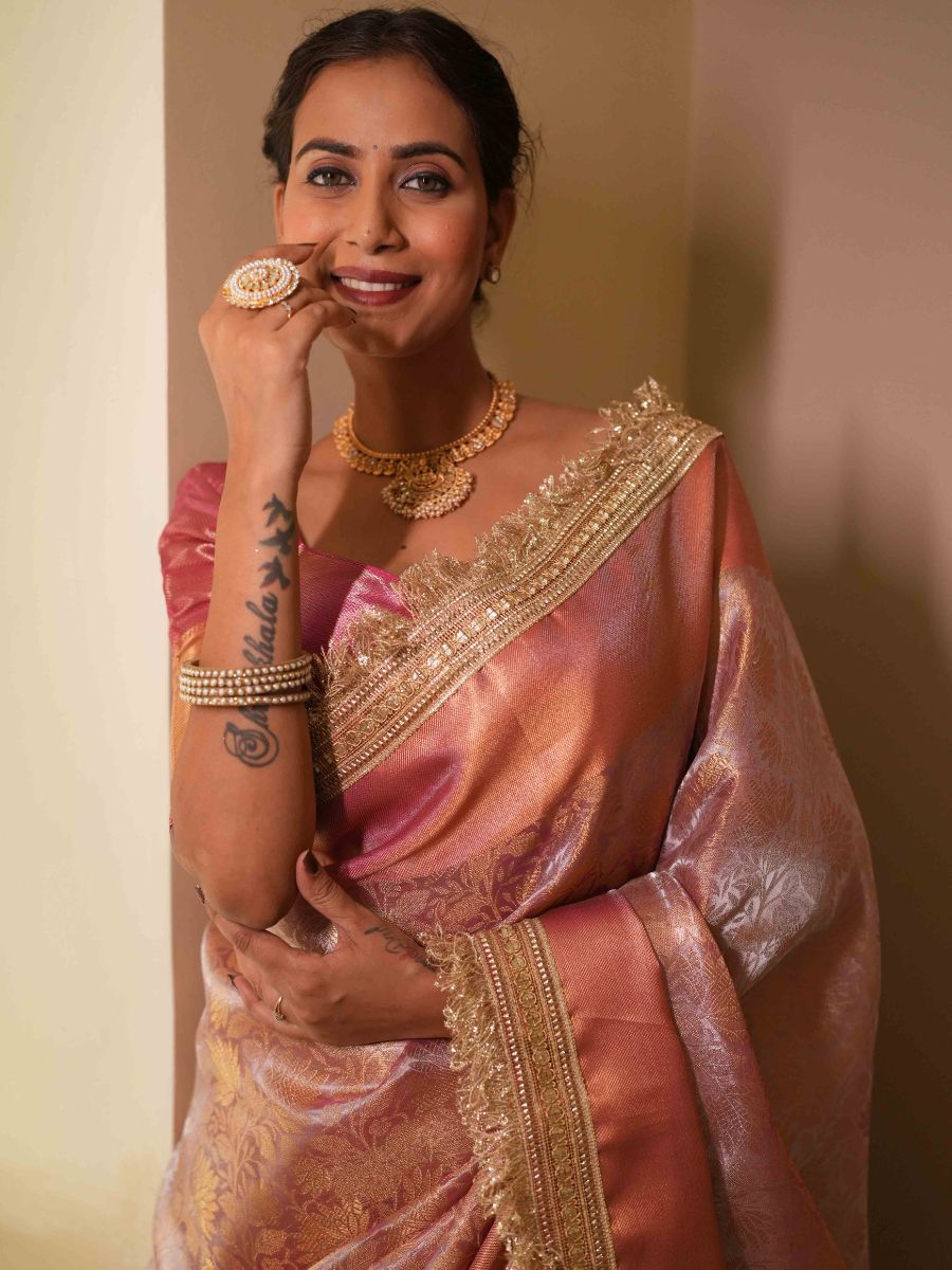 Banarasee Handwoven Tissue Zari Jaal Design Saree With Broder & Lace-Pink