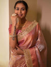 Banarasee Handwoven Tissue Zari Jaal Design Saree With Broder & Lace-Pink