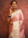 Banarasee Handwoven Tissue Saree With Stripes Zari Design & Broad Broder-Pink & White