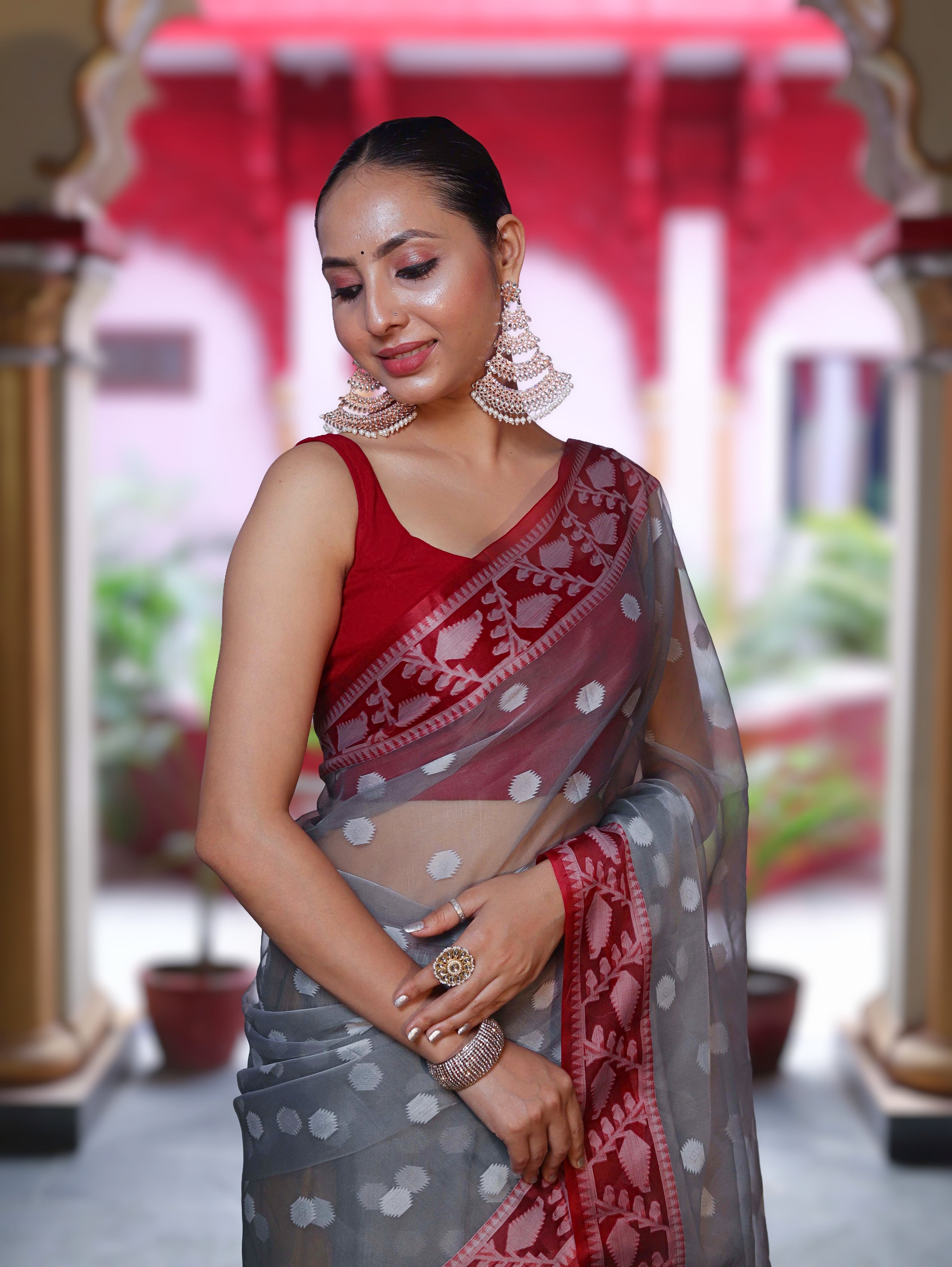 Banarasee Organza Mix Saree With Resham Work & Contrast Border-Grey & Maroon