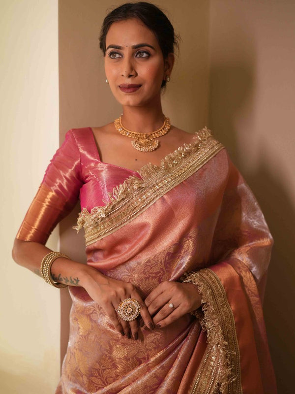 Banarasee Handwoven Tissue Zari Jaal Design Saree With Broder & Lace-Pink