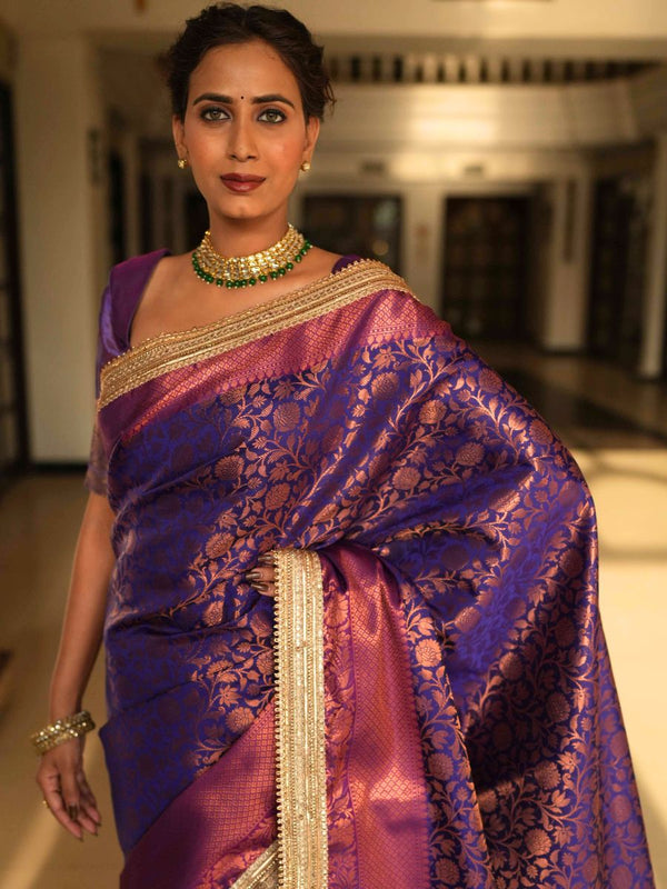 Banarasee Handwoven Tissue Saree With Zari Jaal Design & Border Lace-Blue
