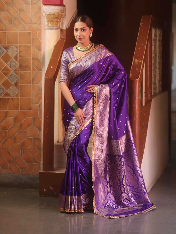 Banarasee Handloom Mashru Silk Saree Zari Border With Lace-Violet