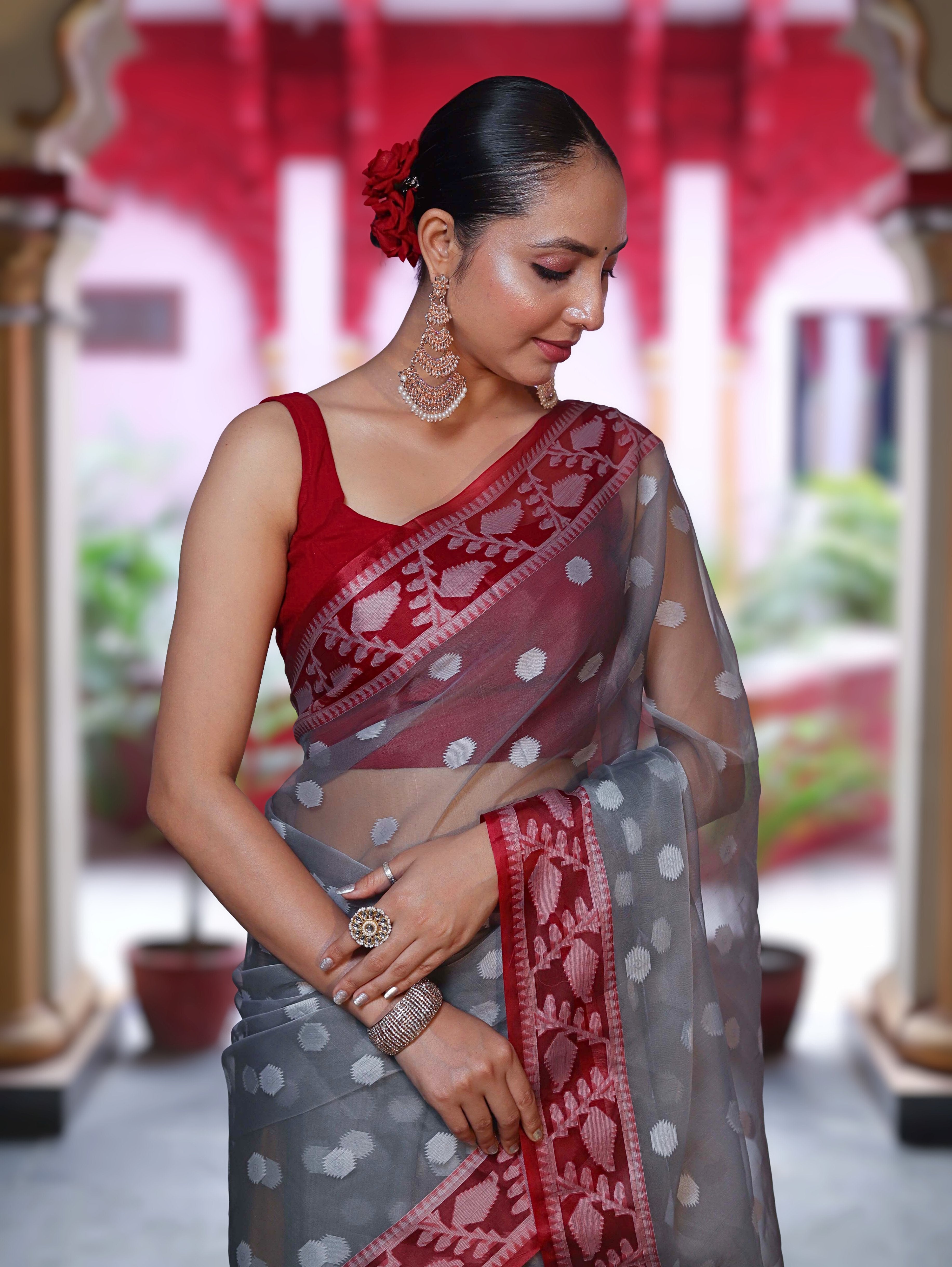 Banarasee Organza Mix Saree With Resham Work & Contrast Border-Grey & Maroon