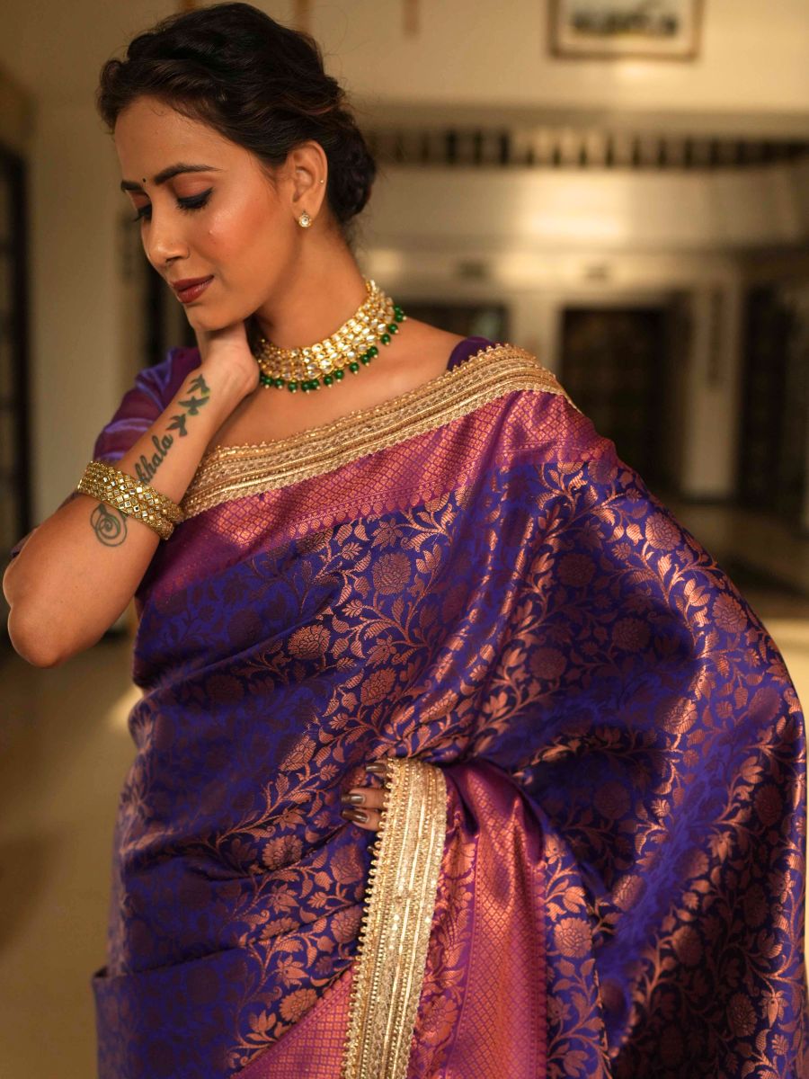 Banarasee Handwoven Tissue Saree With Zari Jaal Design & Border Lace-Blue