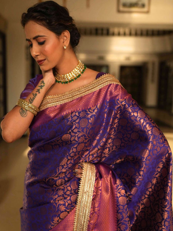 Banarasee Handwoven Tissue Saree With Zari Jaal Design & Border Lace-Blue