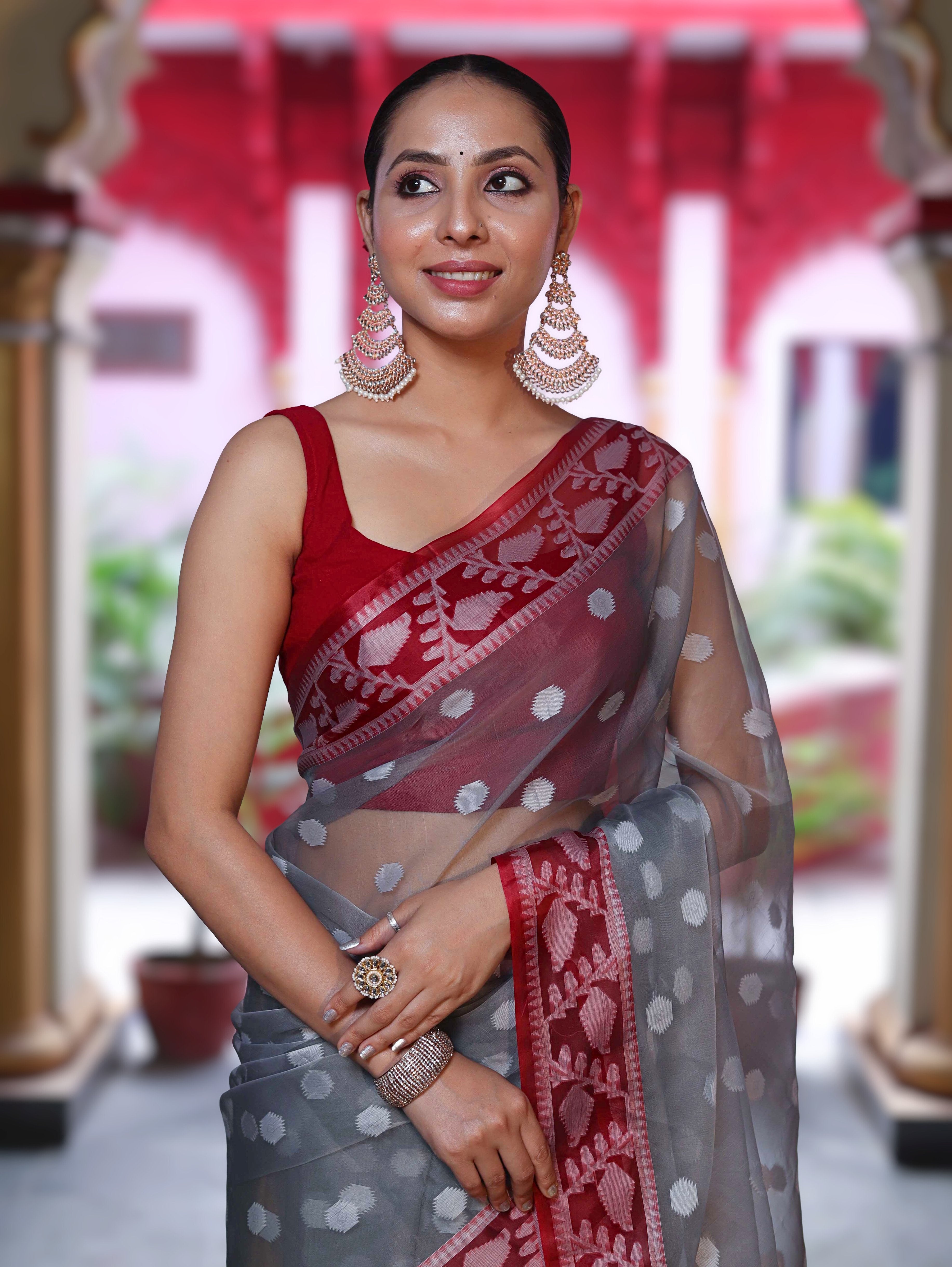 Banarasee Organza Mix Saree With Resham Work & Contrast Border-Grey & Maroon