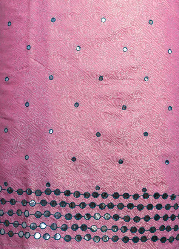 Banarasee Brocade Salwar Kameez Fabric With Mirror Work-Pink & Teal