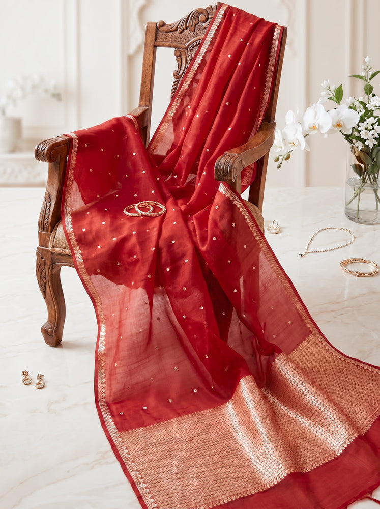 Banarasee Pure Organza Silk Saree With Zari Buti Design-Maroon