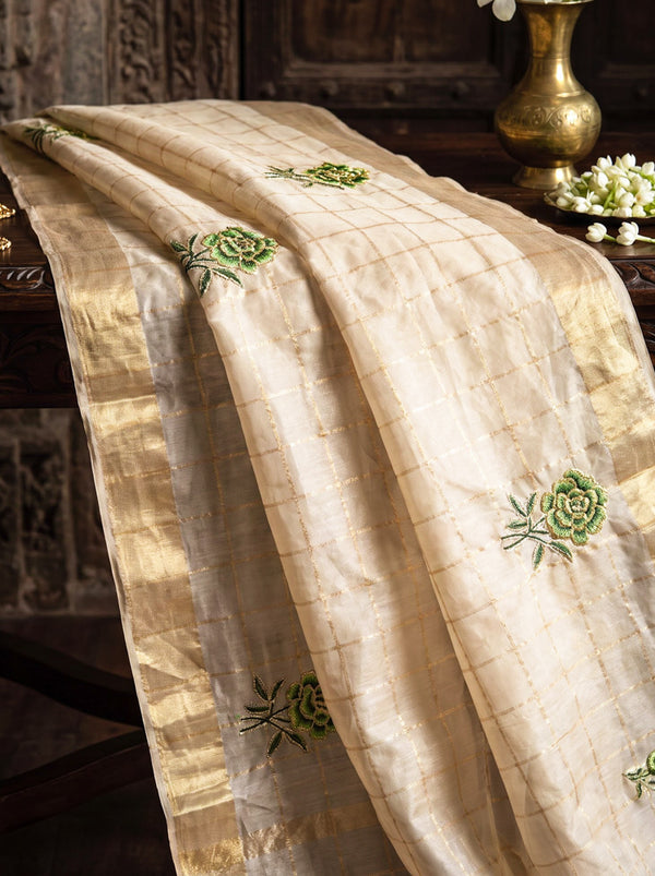 Banarasee Pure Tissue Check Saree With Resham Embroidered Buta-Gold