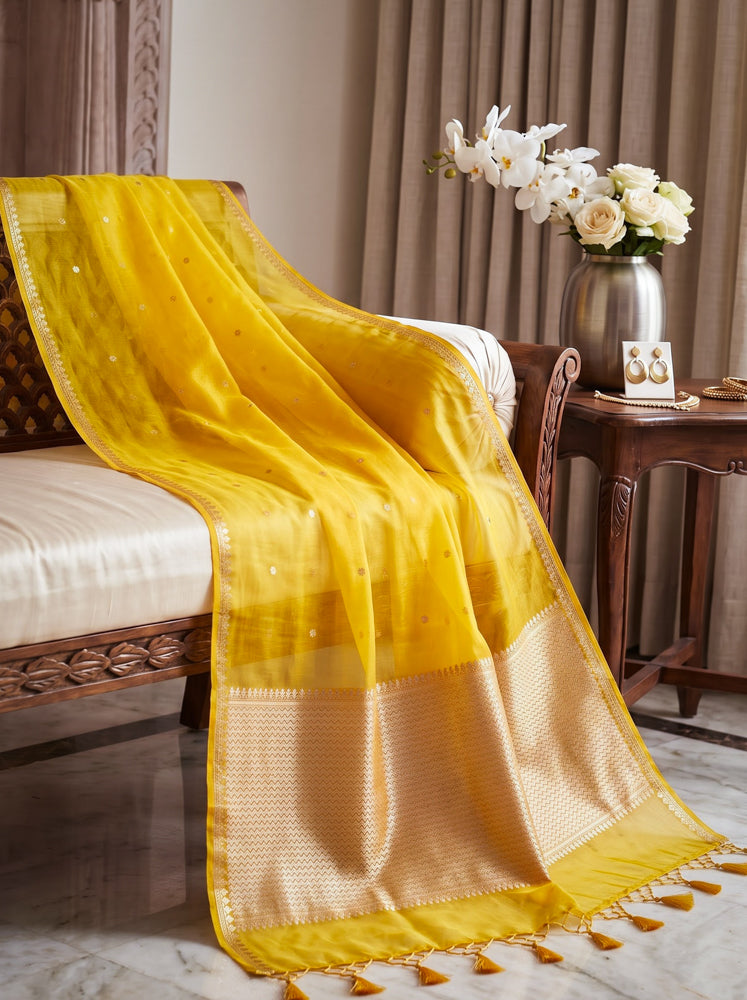Banarasee Pure Organza Silk Saree With Zari Buti Design-Yellow