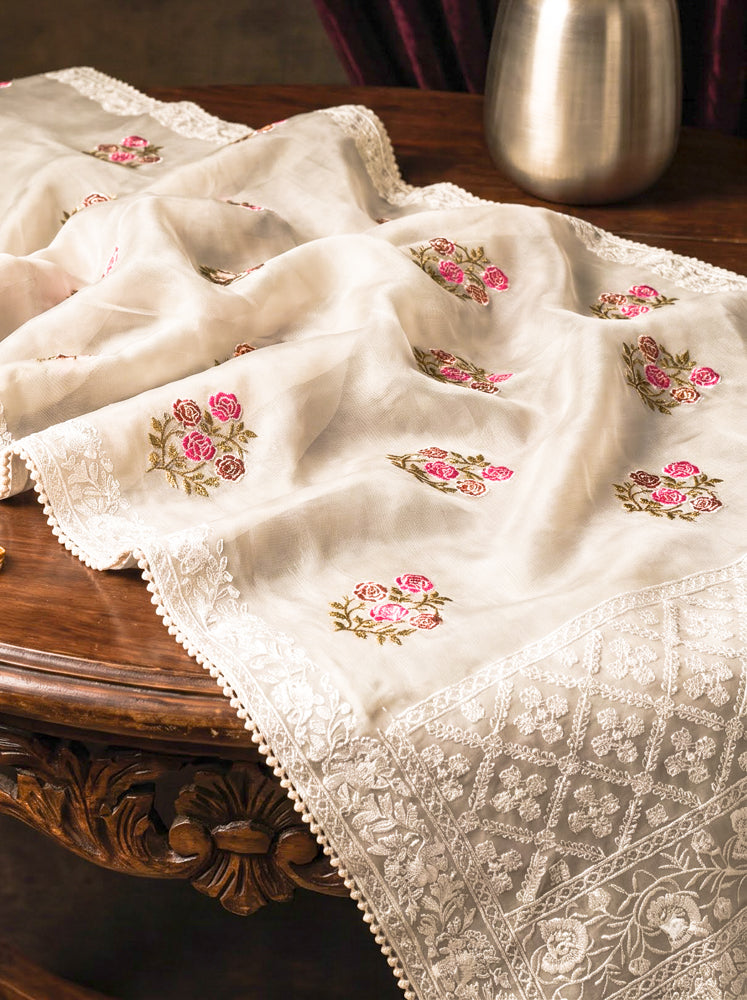 Banarasee Pure Organza Silk Saree With Resham Embroidery-Cream