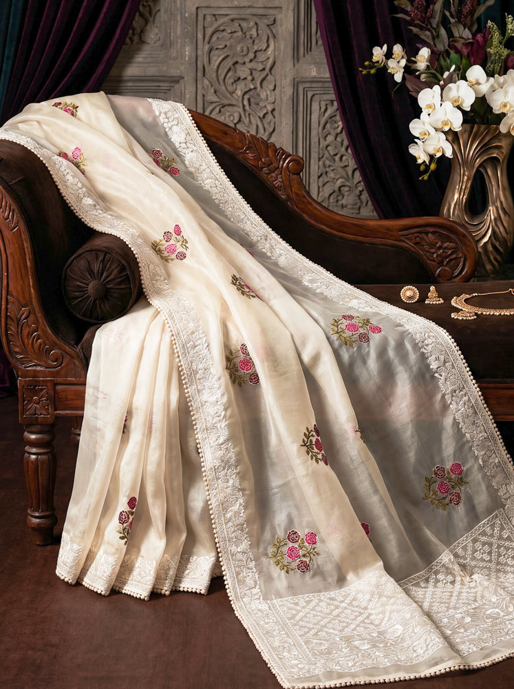 Banarasee Pure Organza Silk Saree With Resham Embroidery-Cream