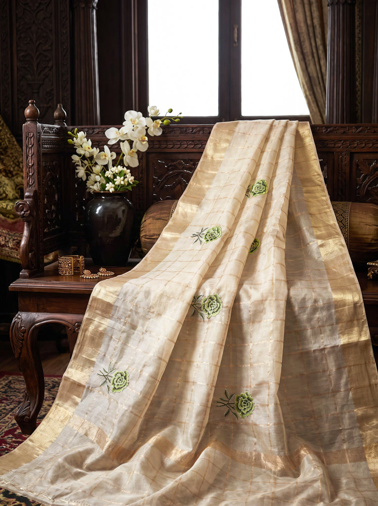 Banarasee Pure Tissue Check Saree With Resham Embroidered Buta-Gold