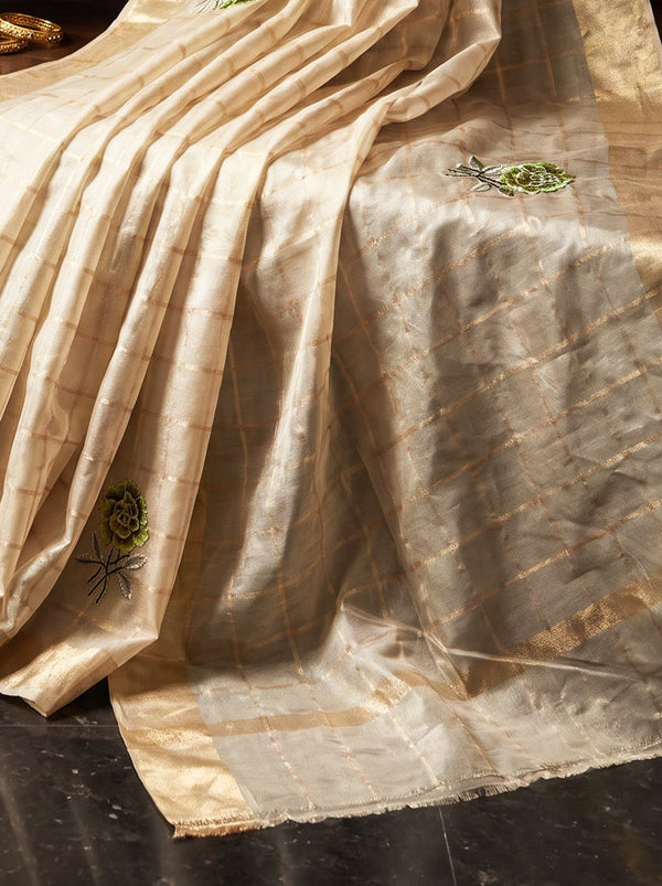 Banarasee Pure Tissue Check Saree With Resham Embroidered Buta-Gold
