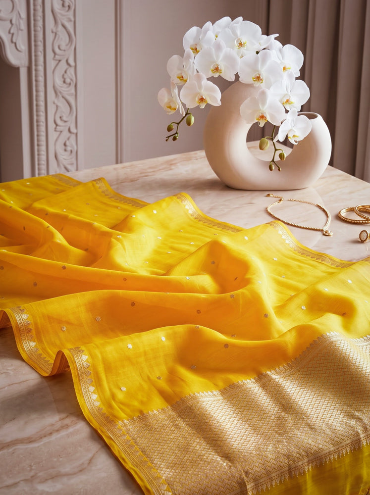 Banarasee Pure Organza Silk Saree With Zari Buti Design-Yellow