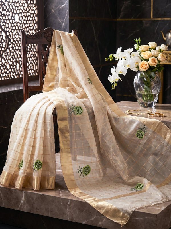 Banarasee Pure Tissue Check Saree With Resham Embroidered Buta-Gold