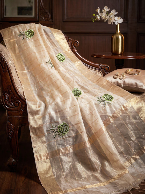 Banarasee Pure Tissue Check Saree With Resham Embroidered Buta-Gold