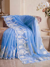Banarasee Pure Organza Silk Saree With Floral Resham Embroidery-Light Blue