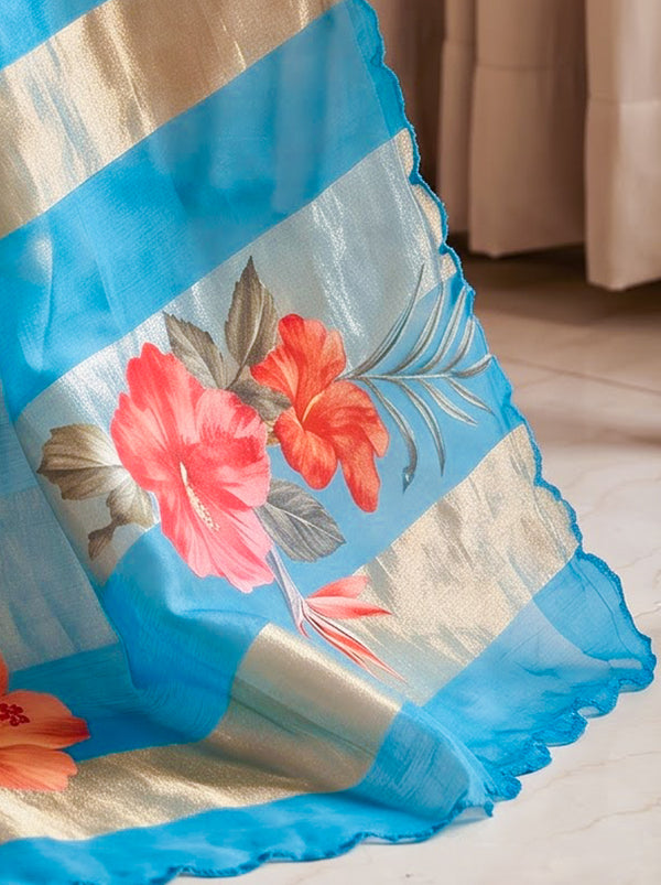 Banarasee Pure Organza Tissue Saree With Digital Printed Floral Design-Sky Blue