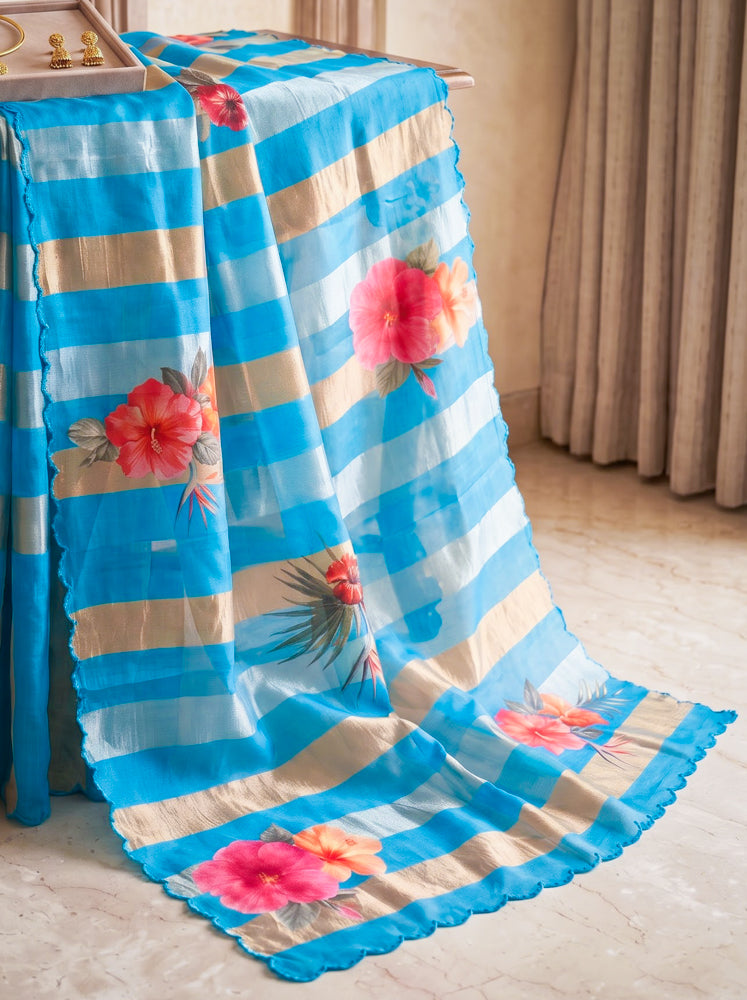 Banarasee Pure Organza Tissue Saree With Digital Printed Floral Design-Sky Blue