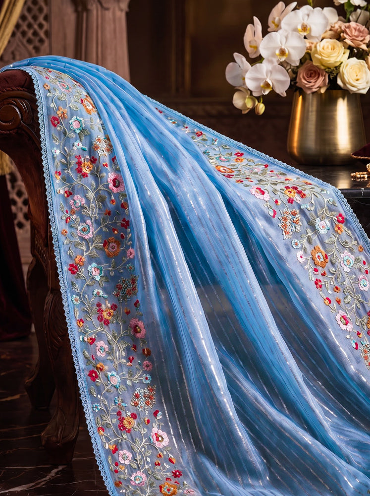 Banarasee Pure Tissue Silk Saree With Stripe Pattern & Resham Embroidered Border-Powder Blue