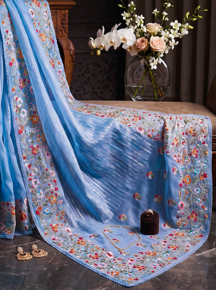 Banarasee Pure Tissue Silk Saree With Stripe Pattern & Resham Embroidered Border-Powder Blue