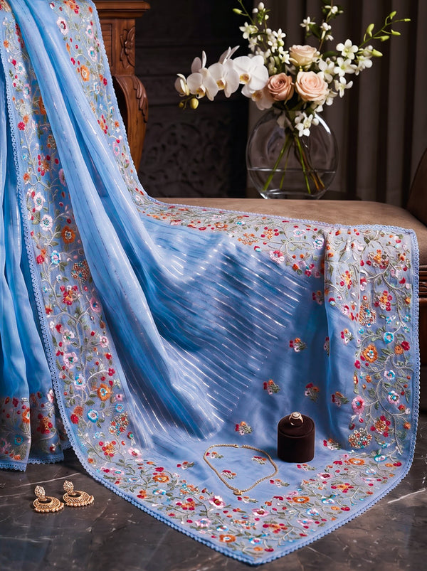 Banarasee Pure Tissue Silk Saree With Stripe Pattern & Resham Embroidered Border-Powder Blue