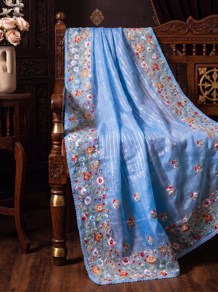 Banarasee Pure Tissue Silk Saree With Stripe Pattern & Resham Embroidered Border-Powder Blue