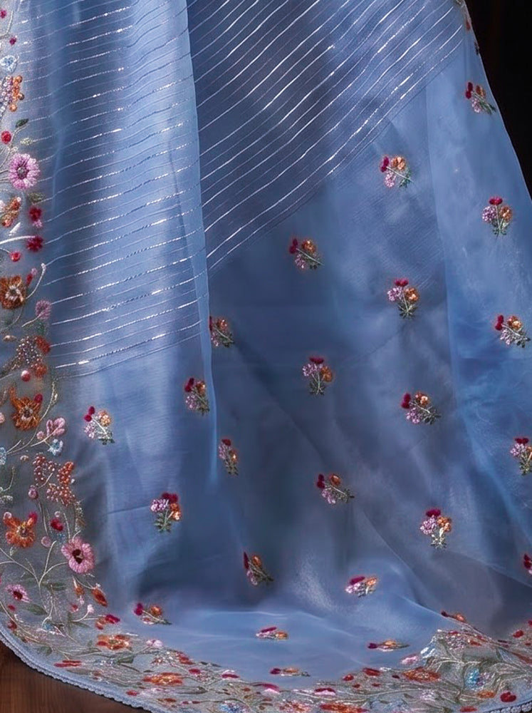 Banarasee Pure Tissue Silk Saree With Stripe Pattern & Resham Embroidered Border-Powder Blue