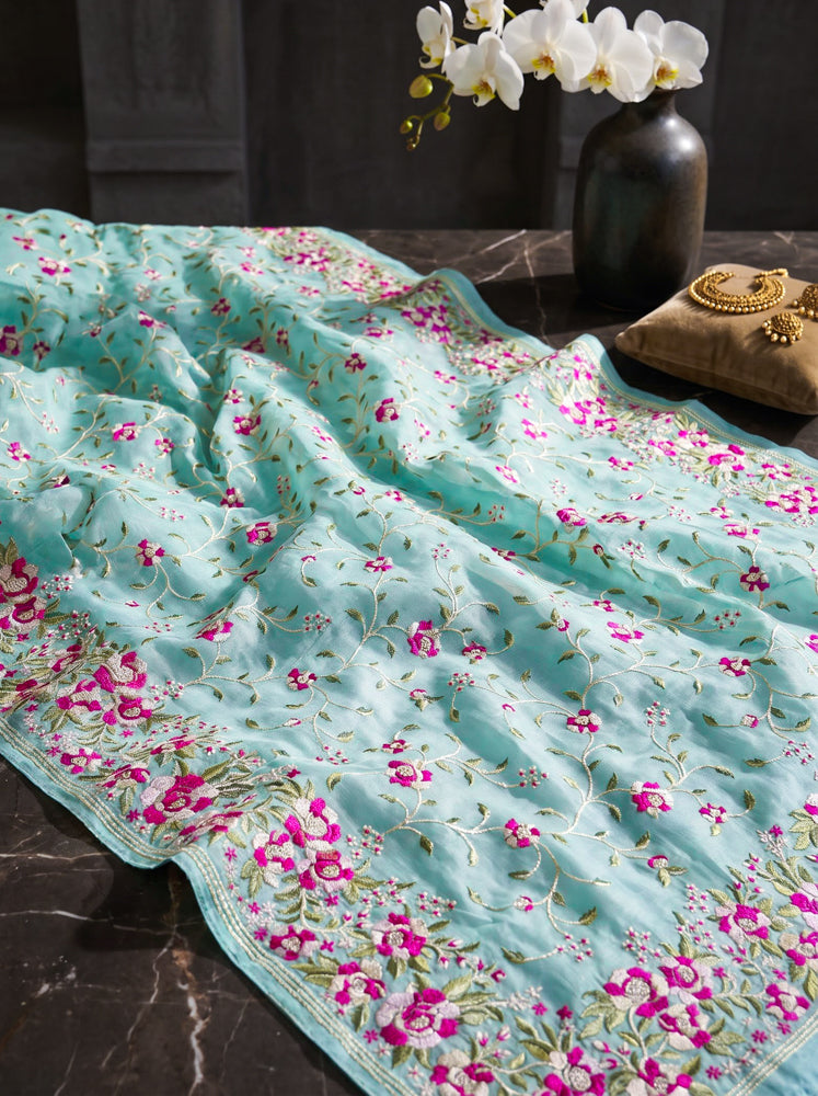 Banarasee Handloom Pure Tussar Silk Saree With Resham Embroidery-Powder Blue