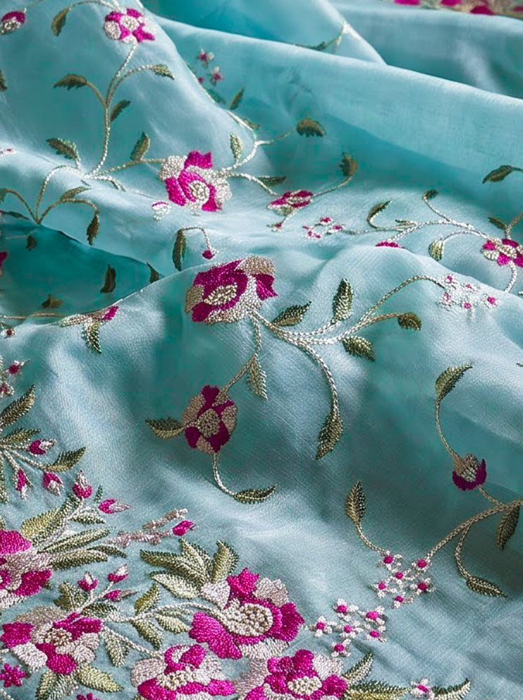 Banarasee Handloom Pure Tussar Silk Saree With Resham Embroidery-Powder Blue