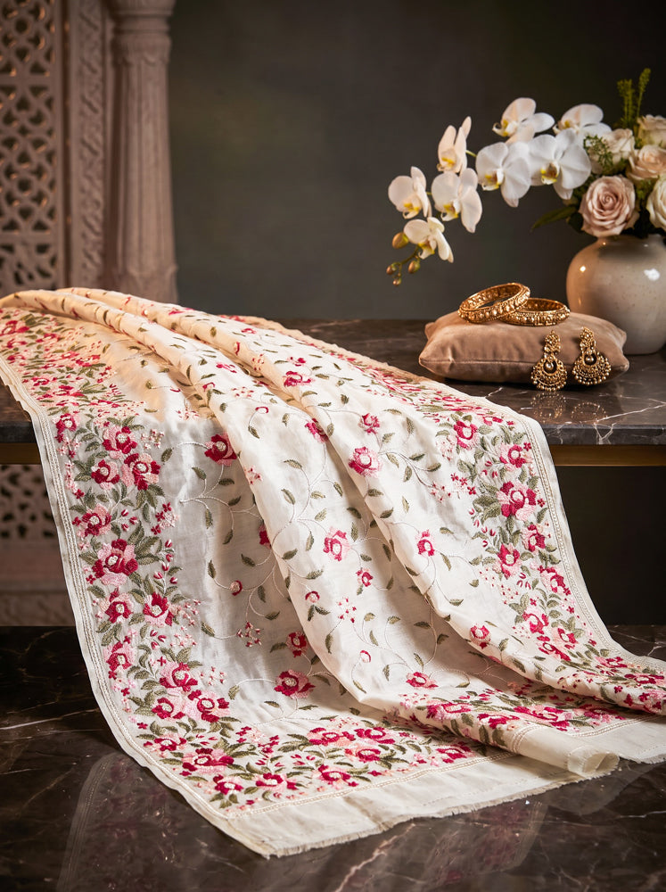 Banarasee Handloom Pure Tussar Silk Saree With Resham Embroidery-Cream