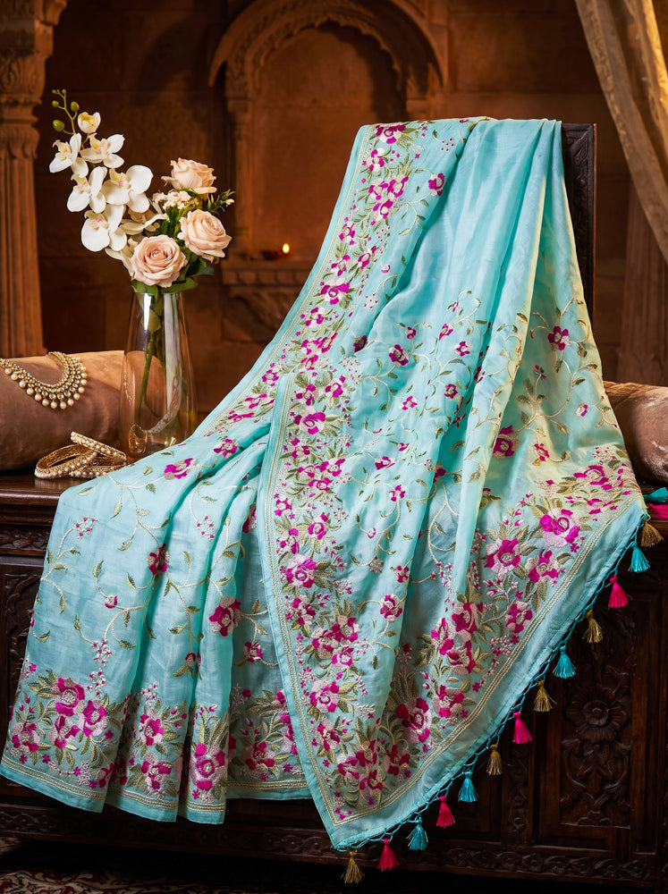 Banarasee Handloom Pure Tussar Silk Saree With Resham Embroidery-Powder Blue