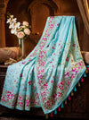 Banarasee Handloom Pure Tussar Silk Saree With Resham Embroidery-Powder Blue