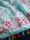Banarasee Handloom Pure Tussar Silk Saree With Resham Embroidery-Powder Blue
