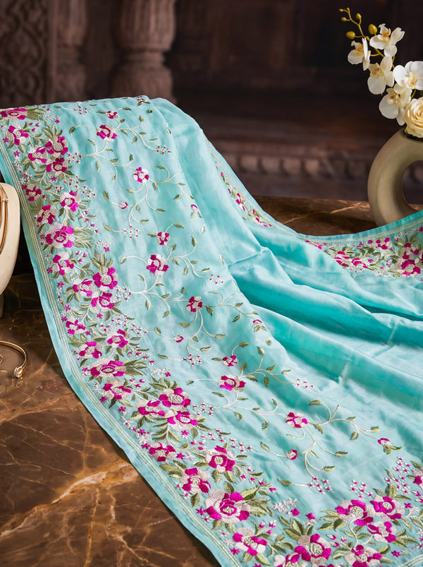 Banarasee Handloom Pure Tussar Silk Saree With Resham Embroidery-Powder Blue