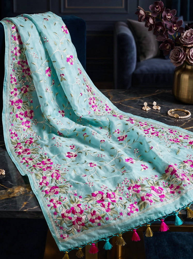 Banarasee Handloom Pure Tussar Silk Saree With Resham Embroidery-Powder Blue