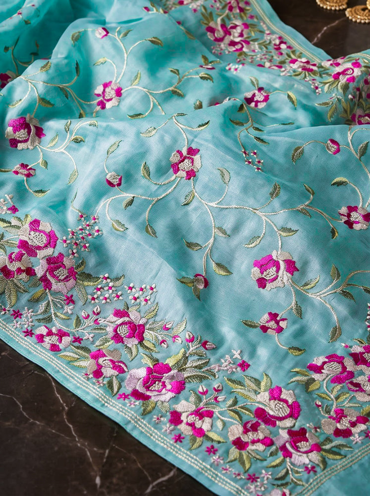 Banarasee Handloom Pure Tussar Silk Saree With Resham Embroidery-Powder Blue